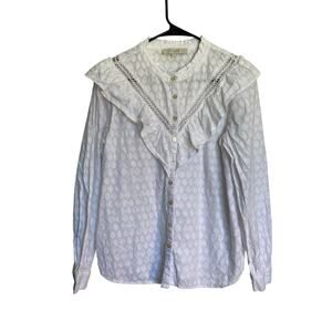 Loft Clip Ruffle Blouse White Peasant Top Button Up Long Sleeve Romantic Size S